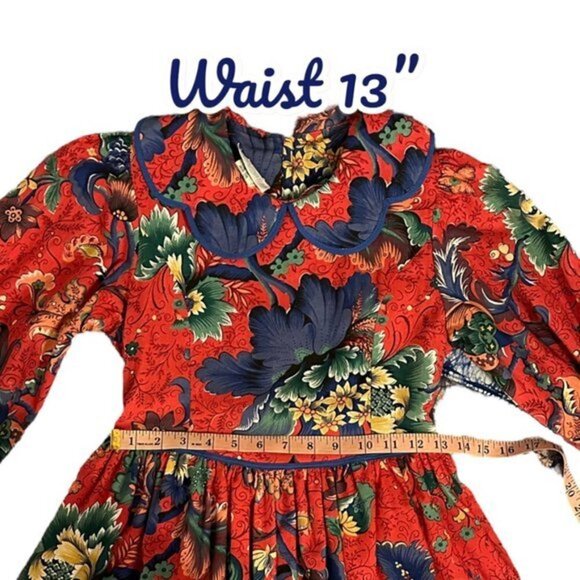 Vintage 90s Anne Savoy Red Floral Prairie Dress Girls 12 - Picture 9 of 12
